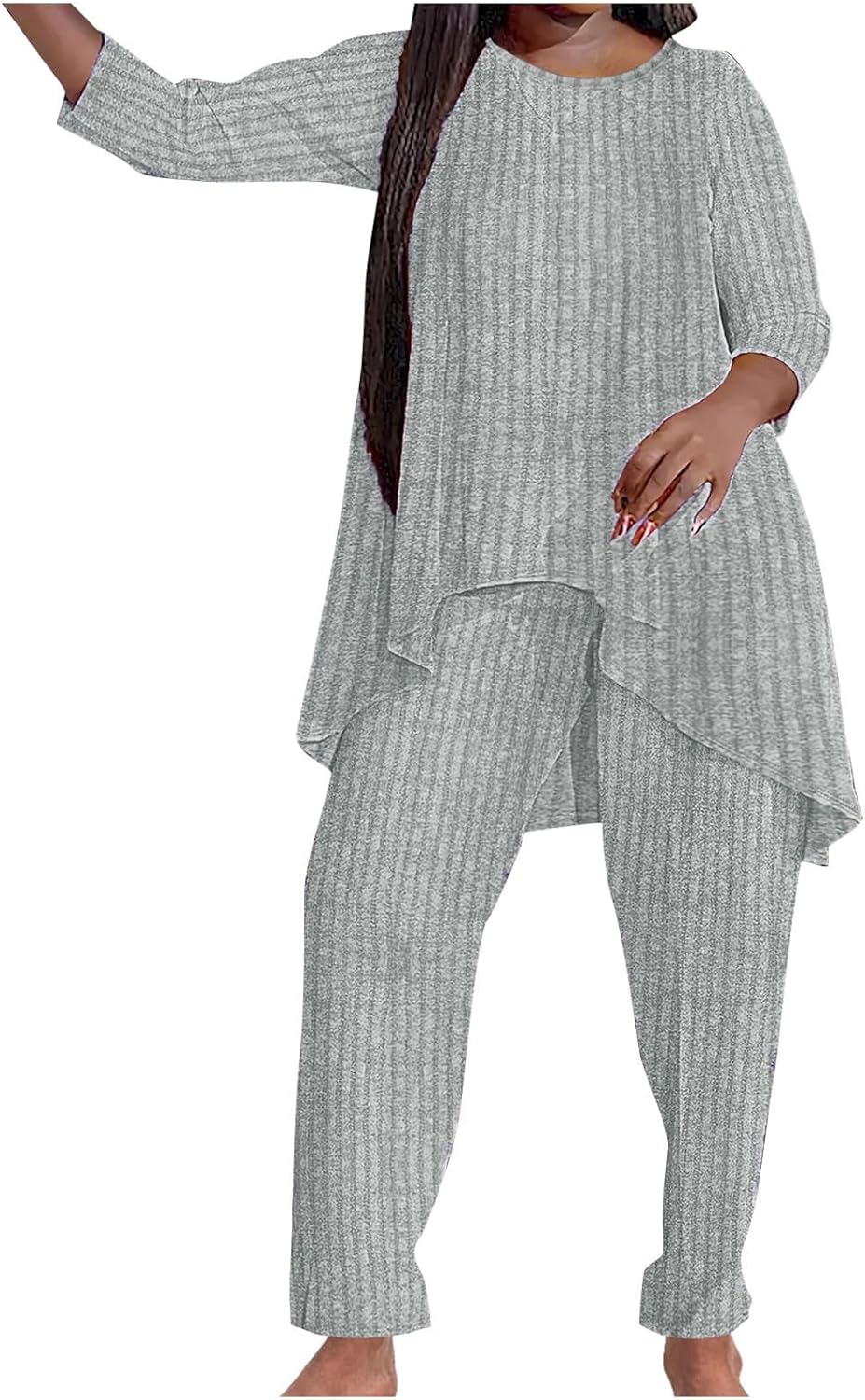 HGps8w Sweatsuit for Women Ribbed 2 Piece Outfits - Plus Size Casual Hi Low Tunic Tops and Long Pants Lounge Matching Sets
