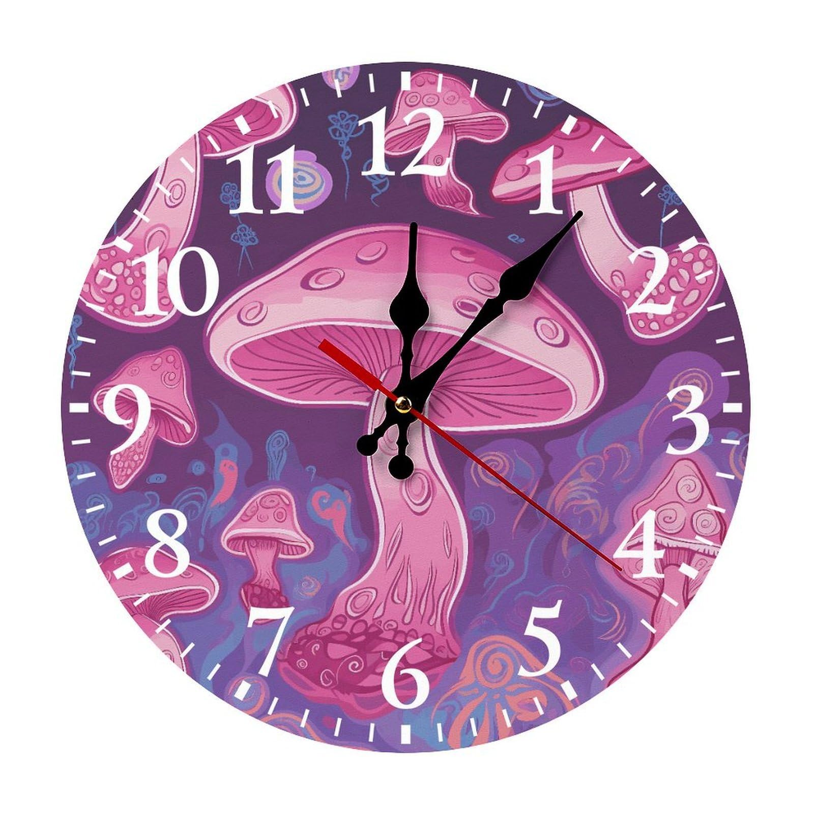 NTVOWPZO 10 Inch Wall Clock Pink Mushroom Battery Operated Wall Clocks Silent Non-Ticking Round Wall Clock for Living Room Kitchen Home Office Wall Decorative Clock