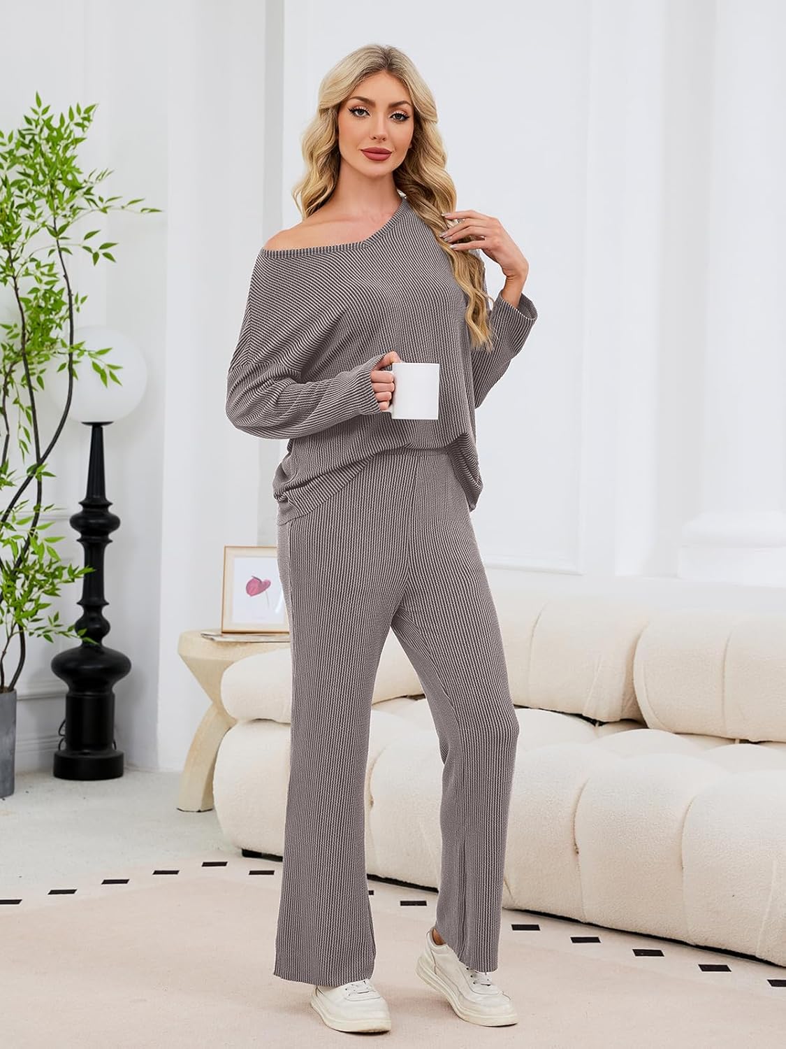 Womens 2 Piece Lounge Sets Long Sleeve Ribbed Knit Casual Top Wide Leg Pants Matching Set Spring Fall Outfits - Image 2