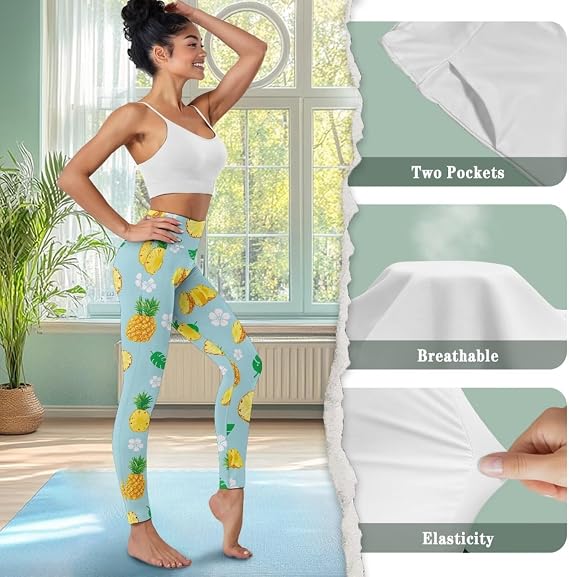 Women Breathable Yoga Leggings with Pockets Tummy Control 4-Way Stretch High Waisted Full-Length Pants