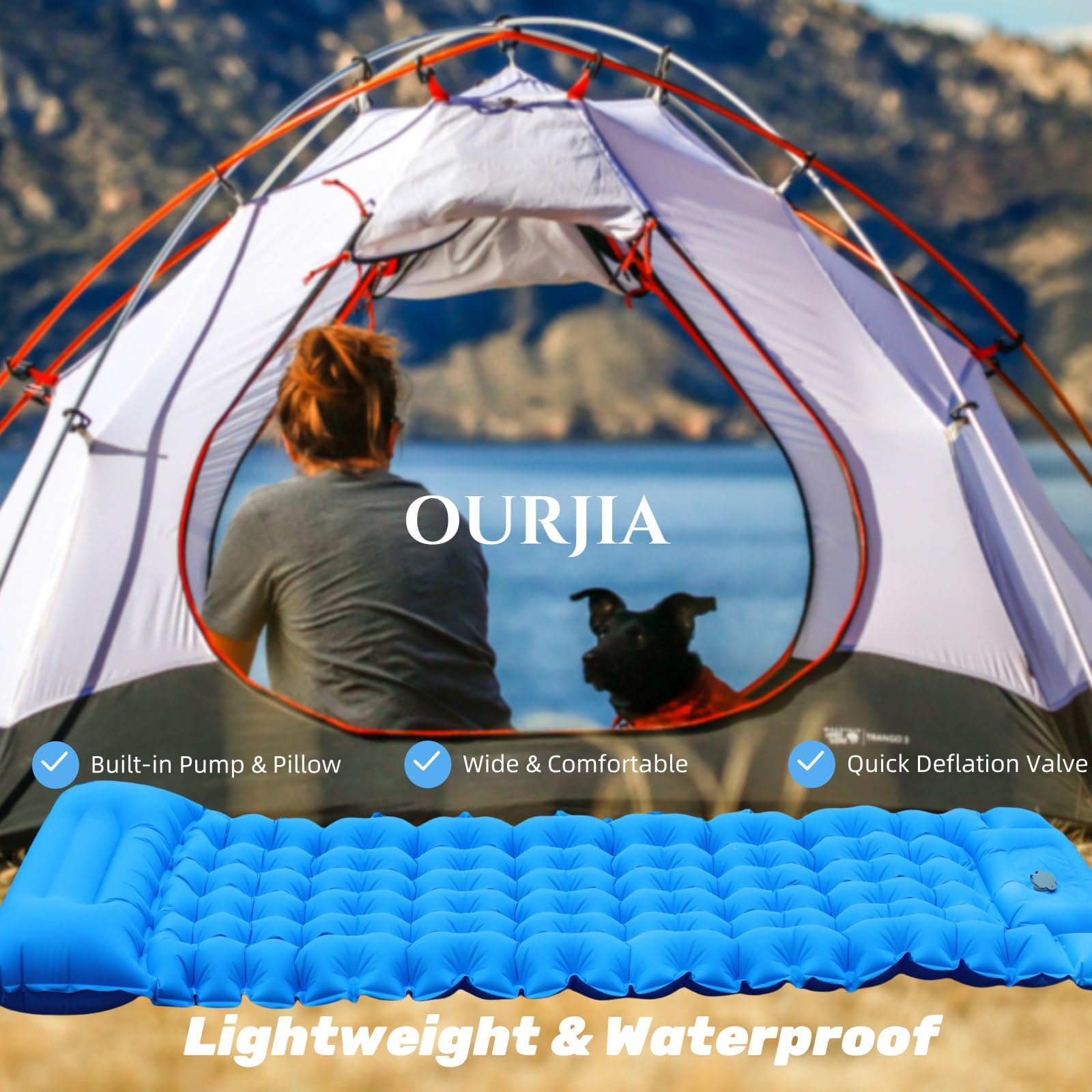 OURJIA Camping Sleeping Pad, Ultralight Camping Mat with Pillow Built-in Foot Pump Inflatable Sleeping Pads Compact for Camping Backpacking Hiking Traveling Tent (Sky-Blue)