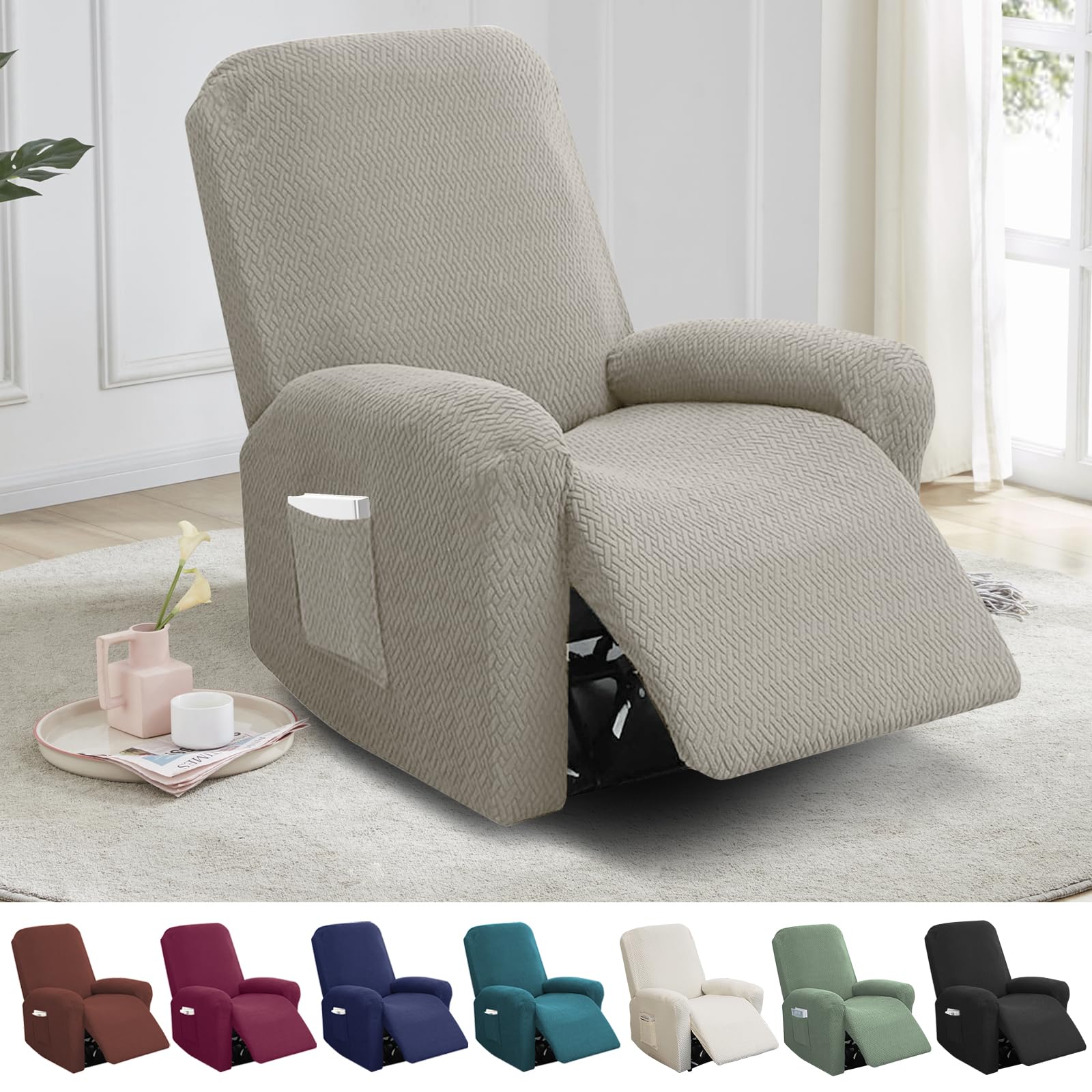 Lot de 4 Housses de Fauteuil Relax en Velours Extensible - Protection Complète avec Poches pour Télécommande, Livres - pour Fauteuil de Relaxation, Canapé et Fauteuil TV