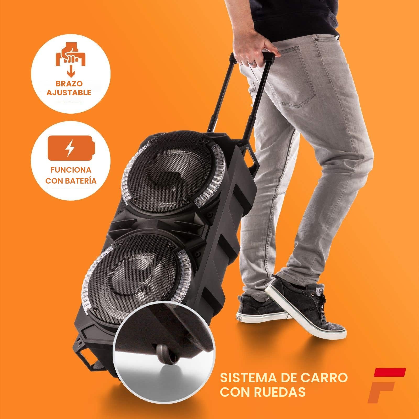 Fenton LIVE280 – Altavoz Bluetooth con microfono 900W con Doble woofer 8", batería, USB, MicroSD, Bluetooth 5.0, LED, 2 micrófonos Karaoke, Altavoz Fiesta portátil Equipo de Sonido Profesional Negro