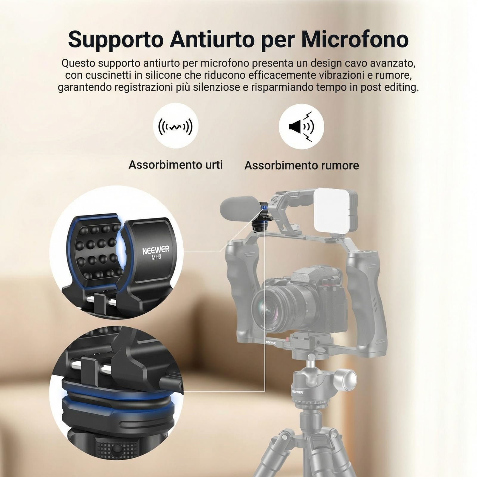 NEEWER Supporto per Microfono con Adattatore Cold Shoe, Accessori Porta Mic Antirumore e Antiurto con Cuscinetti in Silicone Integrati, per Microfoni da 0,7" a 1" (da 19 a 25mm) di Diametro, MH3