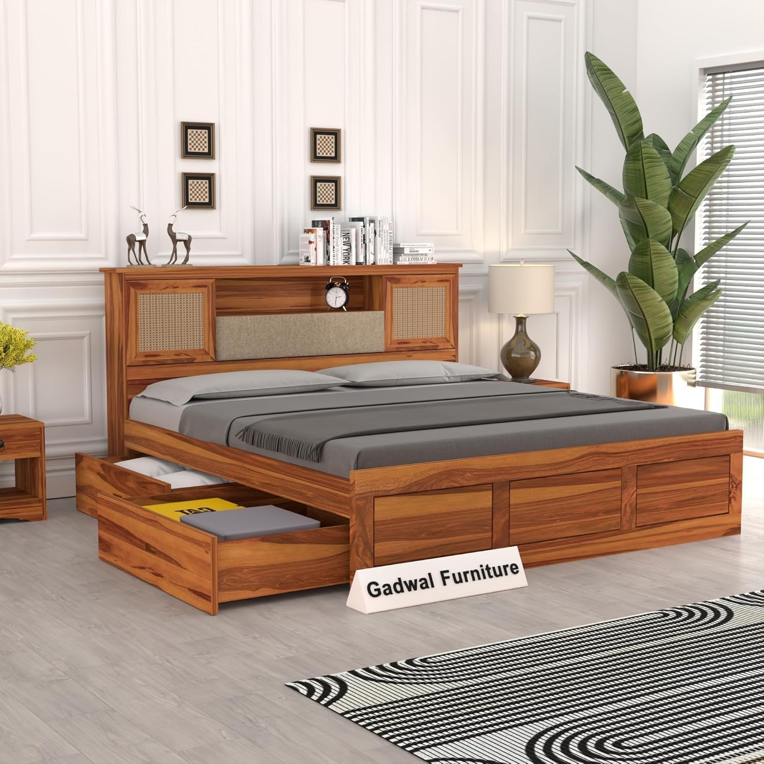 Solid Sheesham Wood Bed Grace (Honey, Grace King Drawer)-image-30