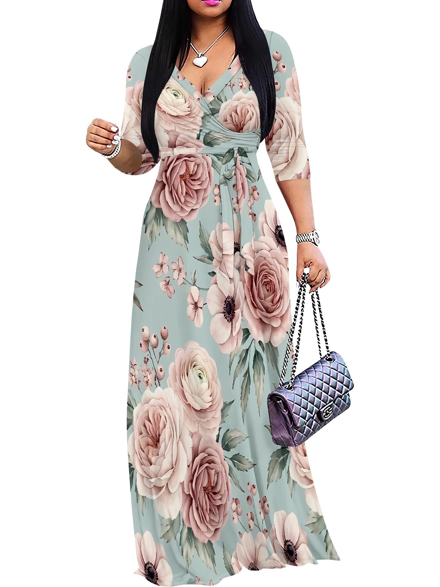 PinkPatty Women's Plus Size Maxi Dresses Casual Flowy 3/4 Sleeves Dress Printed Vacation Dress for Daily Wear with Belt