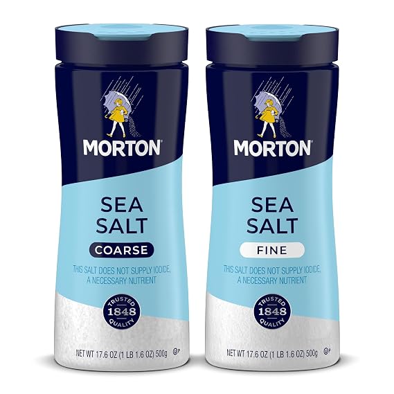 Morton Sea Salt Set, Fine (17.6 oz) & Coarse (17.6 oz), 2-Pack, All-Natural, Perfect for Baking, Blending, Cooking & Finishing