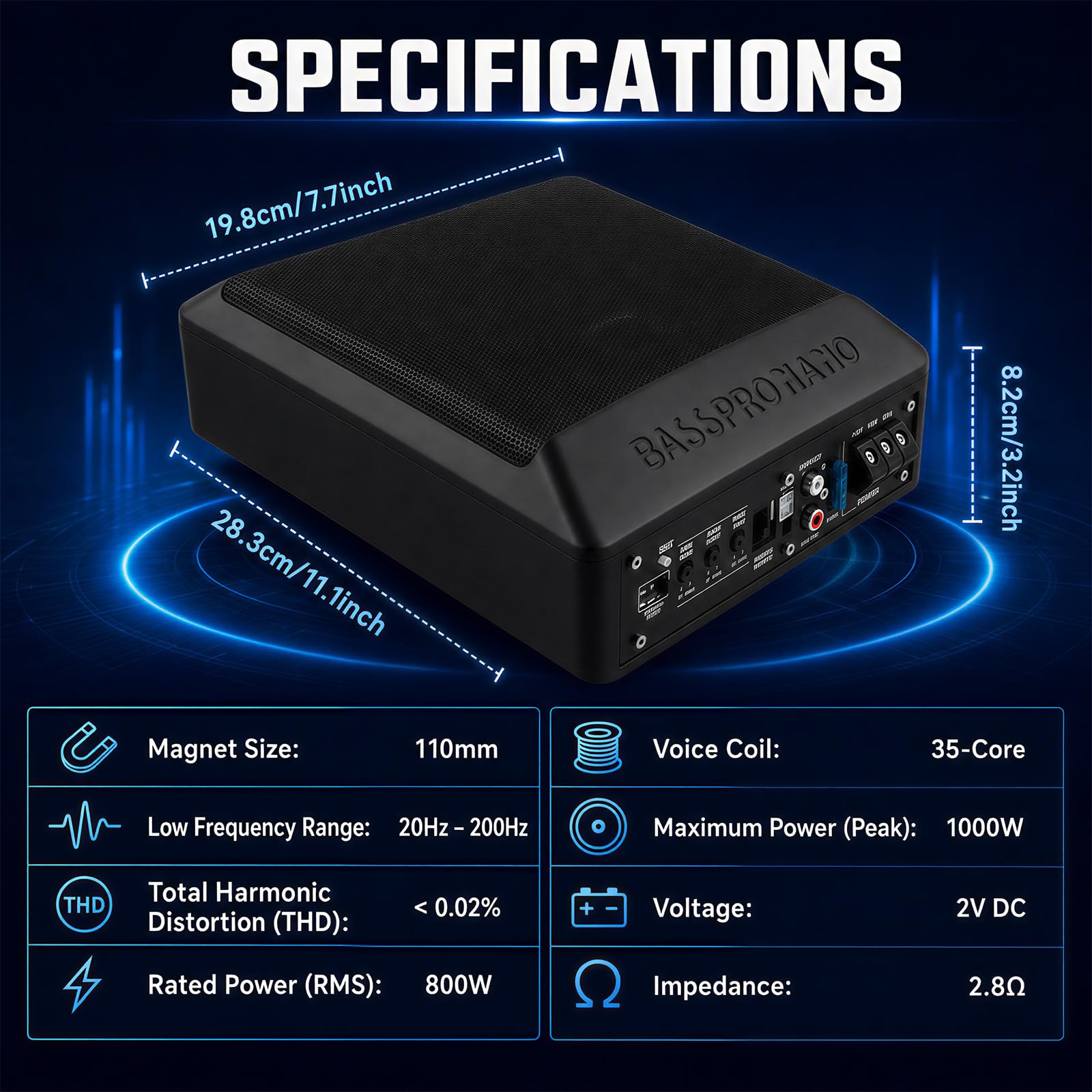 SIXWIN Subwoofer Attivo 1000W – Subwoofer Auto Piatto da 8 Pollici con Kit di Collegamento Amplificatore, 20–200 Hz, 2,8 Ω, 12V, Subwoofer Compatto per Bassi Profondi