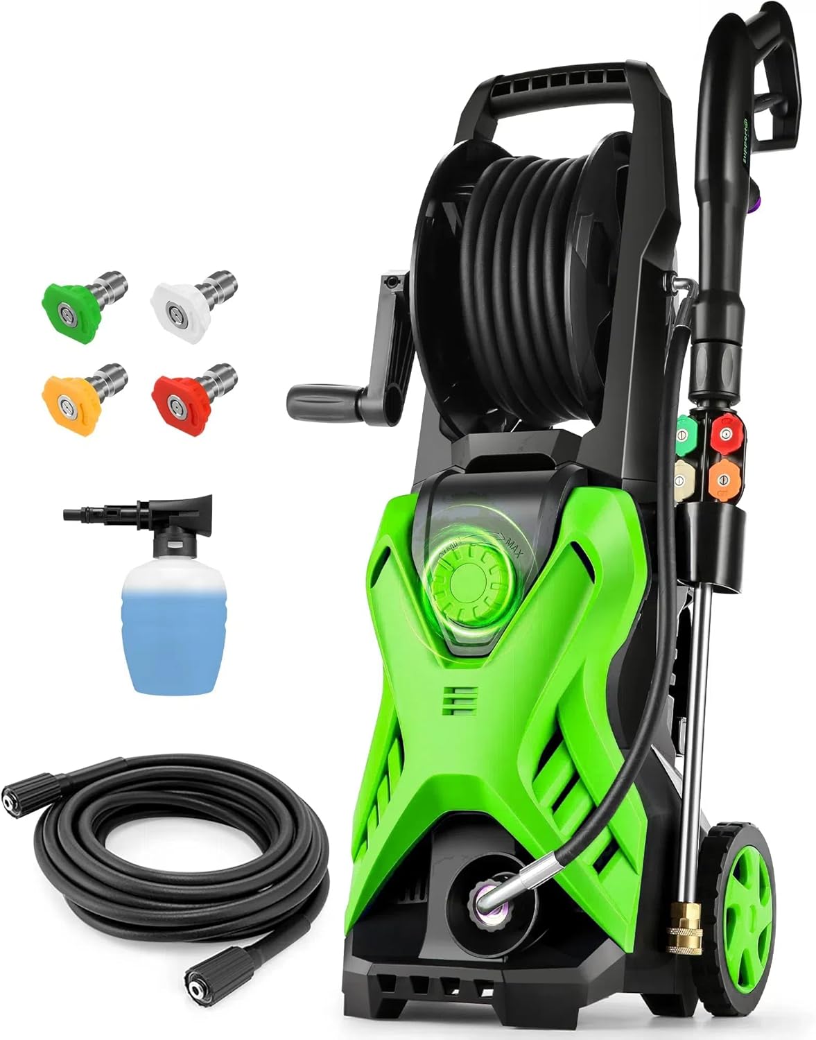 4500 PSI 2.8 GPM Electric Pressure Washer High Power Washer Adjustable Pressure 2500PSI-4500PSI with 33FT Extension Hose Reel, 4 Nozzles and Soap Bottle for Cars/Fences/Driveways/Home/Patios (Green) Hose Reel Green