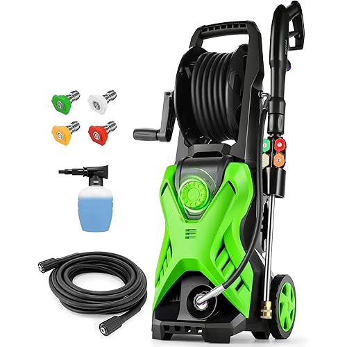 Electric Pressure Washer, 2.8 GPM High Power Washer Adjustable Pressure 2500PSI-5000PSI with 33FT Extension Hose Reel, 4 Nozzles and Soap Bottle for Cars/Fences/Driveways