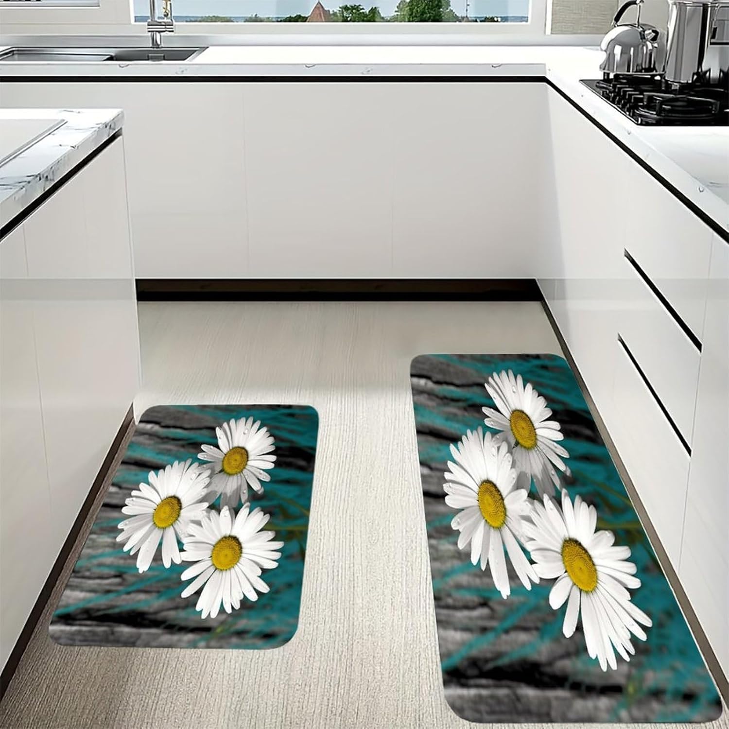 Daisy Flowers Kitchen Mat Set of 2 Ergonomic Comfort Velvet Rugs Cushioned Anti-Fatigue Non-Slip Standing Mats Thick Kitchen Floor Mat Carpet Runner Rugs 16"×24"+17"×47"