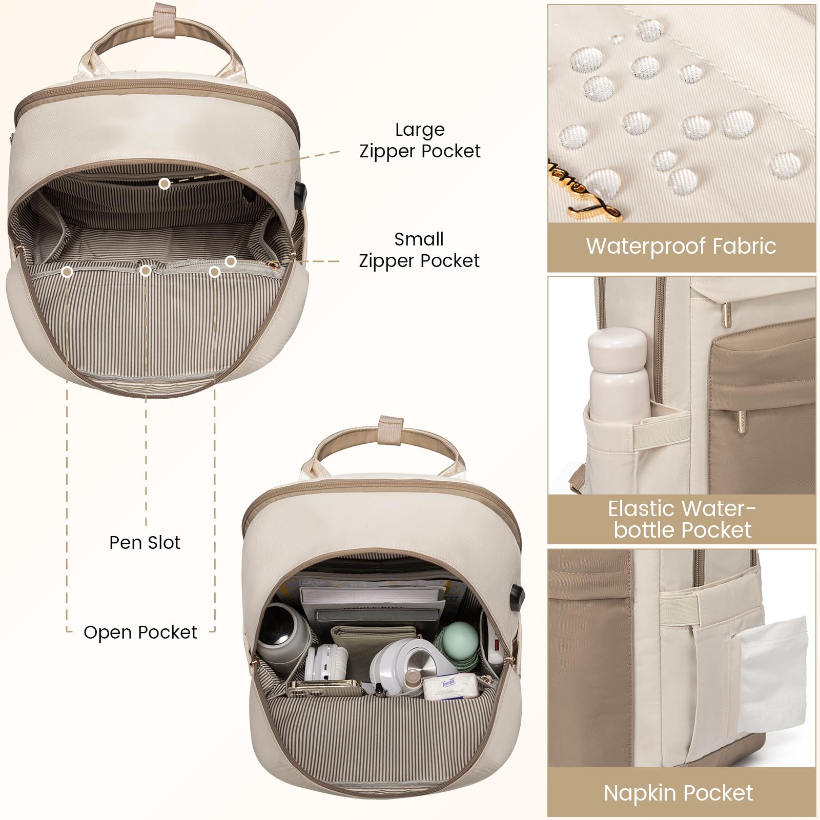 Mochila para laptop para mujer, bonita mochila para laptop con puerto USB, mochila de viaje impermeable, Caqui - Beige, Mochila para laptop 6