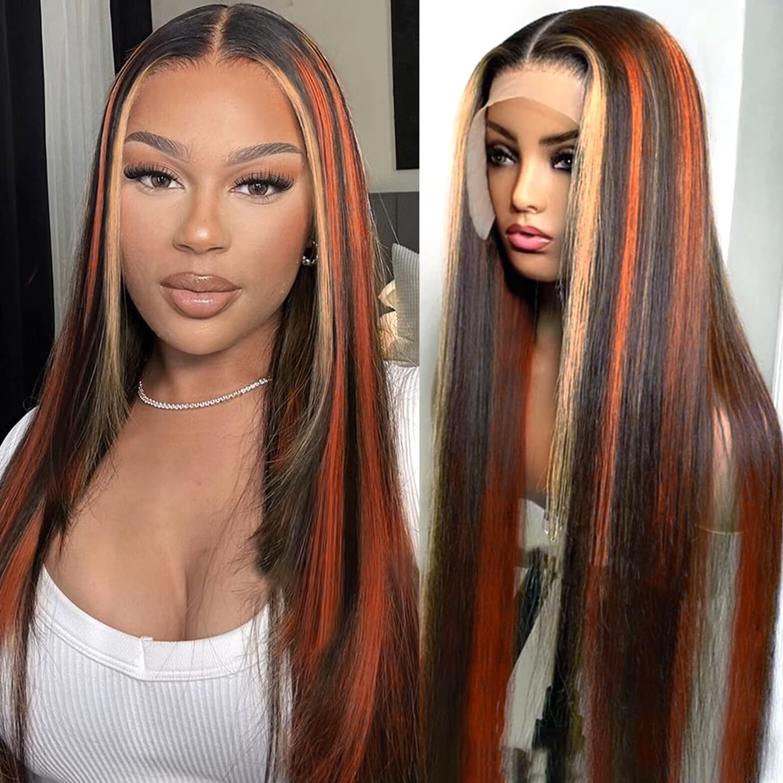 1B/Ginger and Blonde Skunk Stripe Straight Wigs Human Hair 13x4 Ginger Orange Blonde Highlight Lace Front Human Hair Colored Wig Glueless Pre Plucked