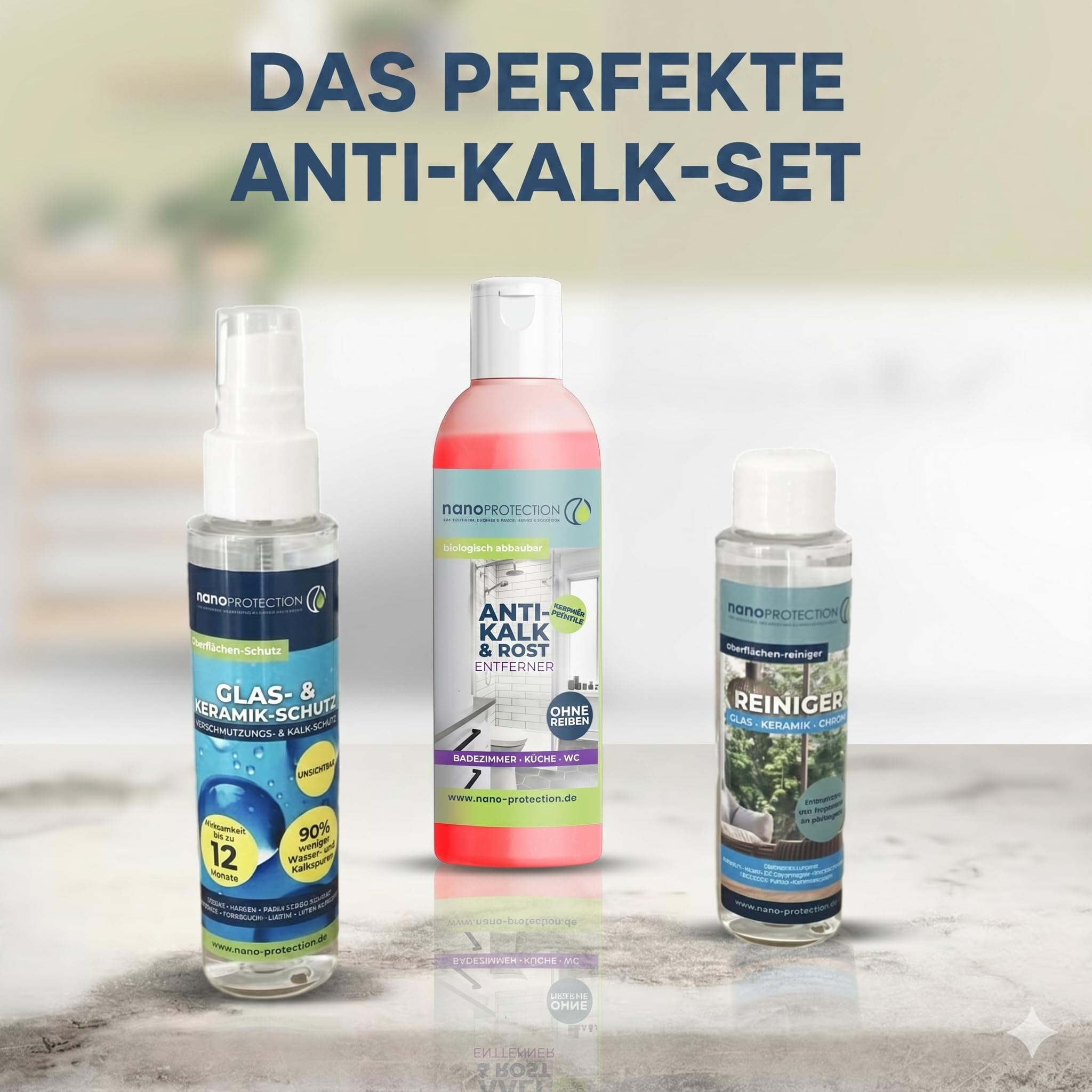 NANOPROTECTION – Anti-Kalk Pflege-Set Für Duschwand Und Badezimmer | Kraftvoller Reiniger Und Langzeitschutz | Anti-Tropfen-Effekt | Für Glas, Waschbecken Und Fliesen