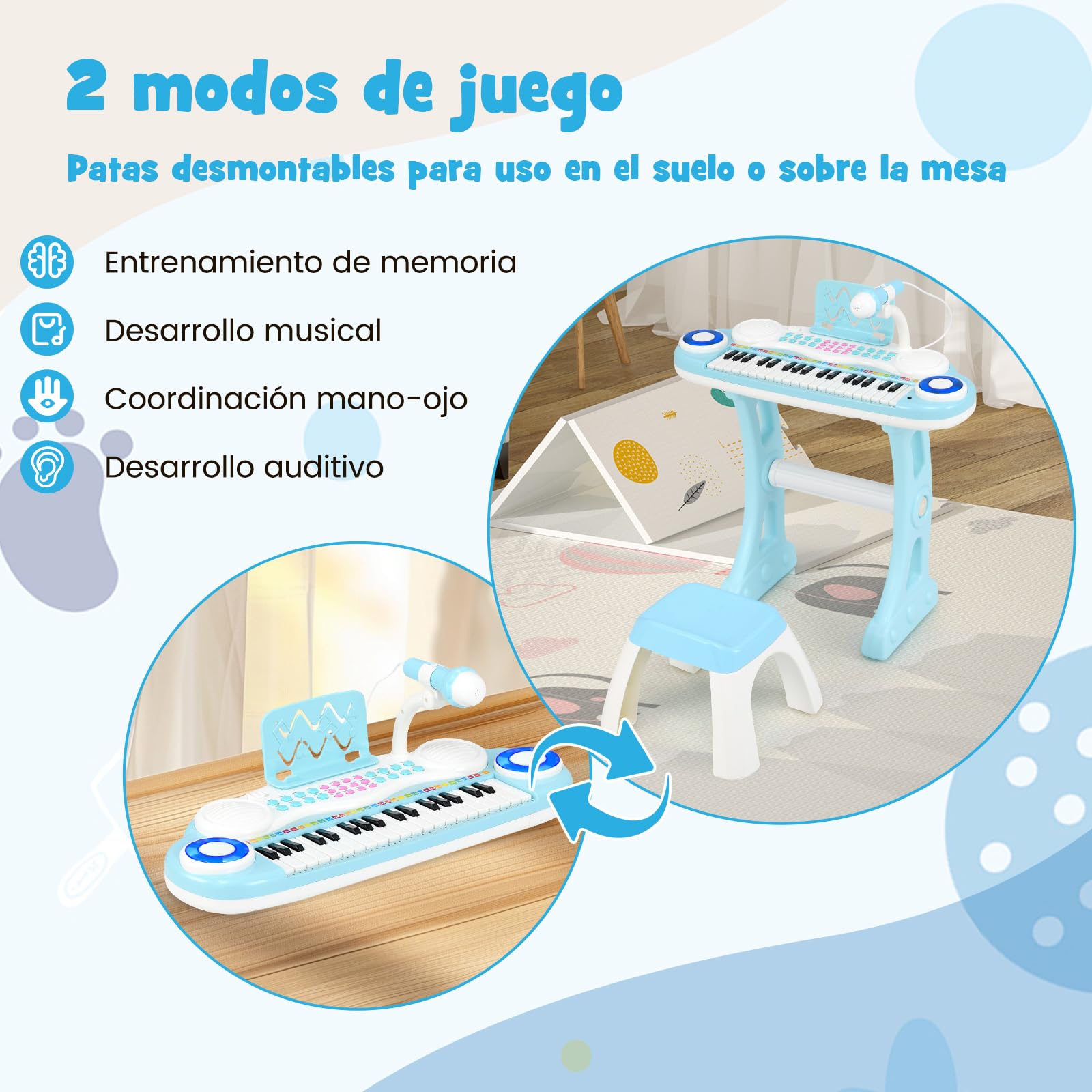COSTWAY Piano Electrónico para Niños, Piano Infantil de 37 Teclas, Teclado de Piano con Patas Desmontables, Banquito, Micrófono Ajustable, 8 Ritmos y 8 Instrumentos (Azul)