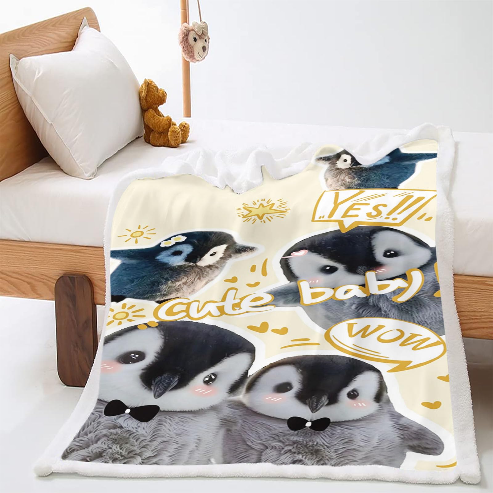 WEQEER Cuddly Blanket Penguin Motif Fleece Blanket Fluffy Penguin Sea Animals Blanket Children's Blanket for Boys Children Men Adults (8.130 x 150 cm)