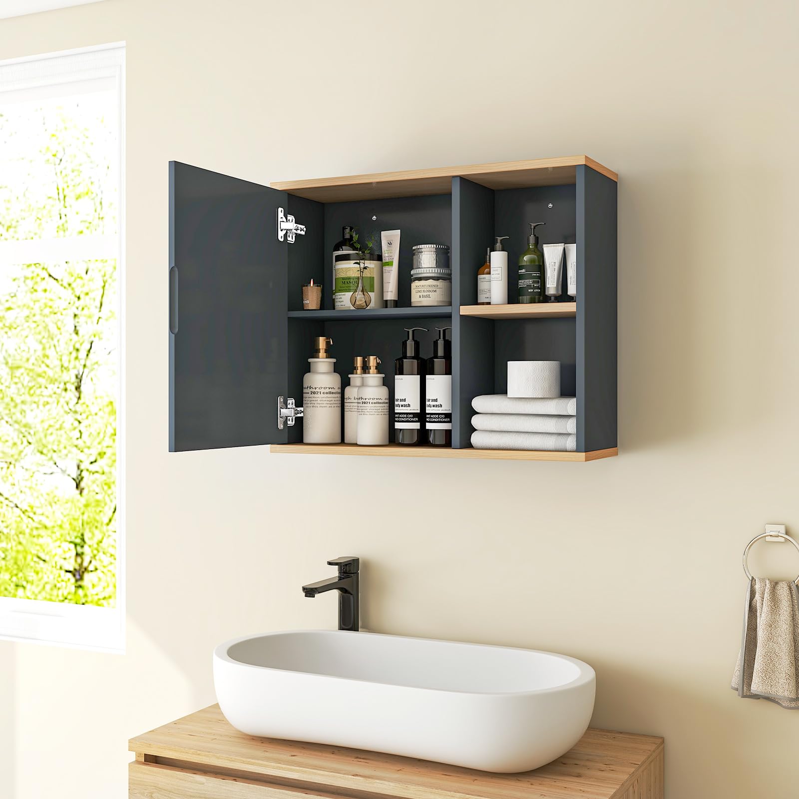 RELAX4LIFE Mobile Bagno con Specchio, Specchiera Salvaspazio con Vano Contenitore, 3 Ripiani Regolabili e 2 Scomparti Aperti, Armadietto Bagno da Parete, 60 x 20 x 50 cm