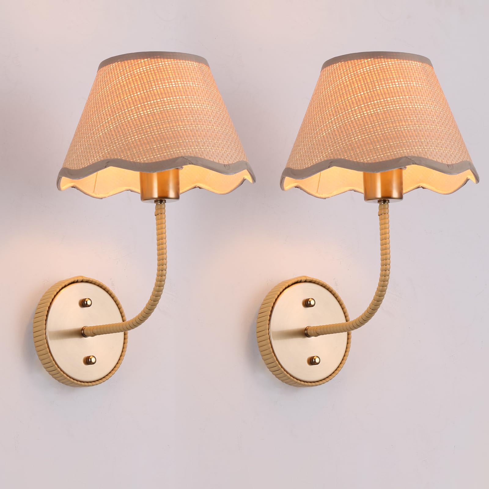 Photo 1 of KUSSCO Boho Wall Sconces Set of Two Rattan Wall Lamp Rustic Brass Wall Mount Light Hardwire Wall Sconces Lighting for Bedroom Living Room Hallway Vanity Stairway, E26 Base, 2 Pack