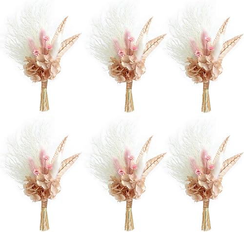 Miniature Dried Flower Bouquet (Pack of 6), Small Dried Pampas Grass, Small Dried Flowers for Crafts, Birthday Cake Bridesmaid Gift Box, Card Envelope Decoration. (Dusty Pink)