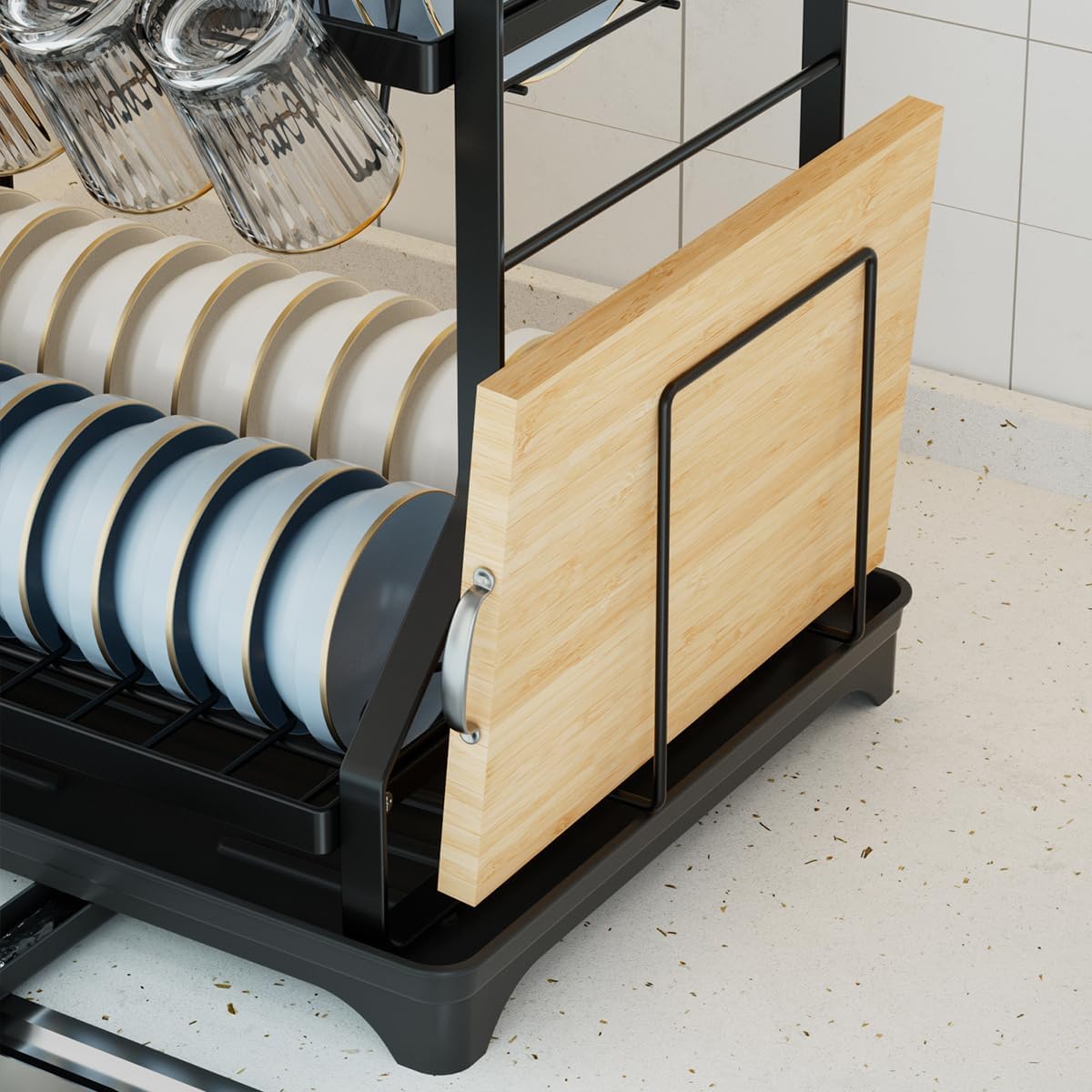 2-Tier Kitchen Dish Drying Rack with Drainboard, Black, Large Capacity Dish Rack with Cup Holder, Knife Block, Cutting Board Rack, 42x32.5x34cm