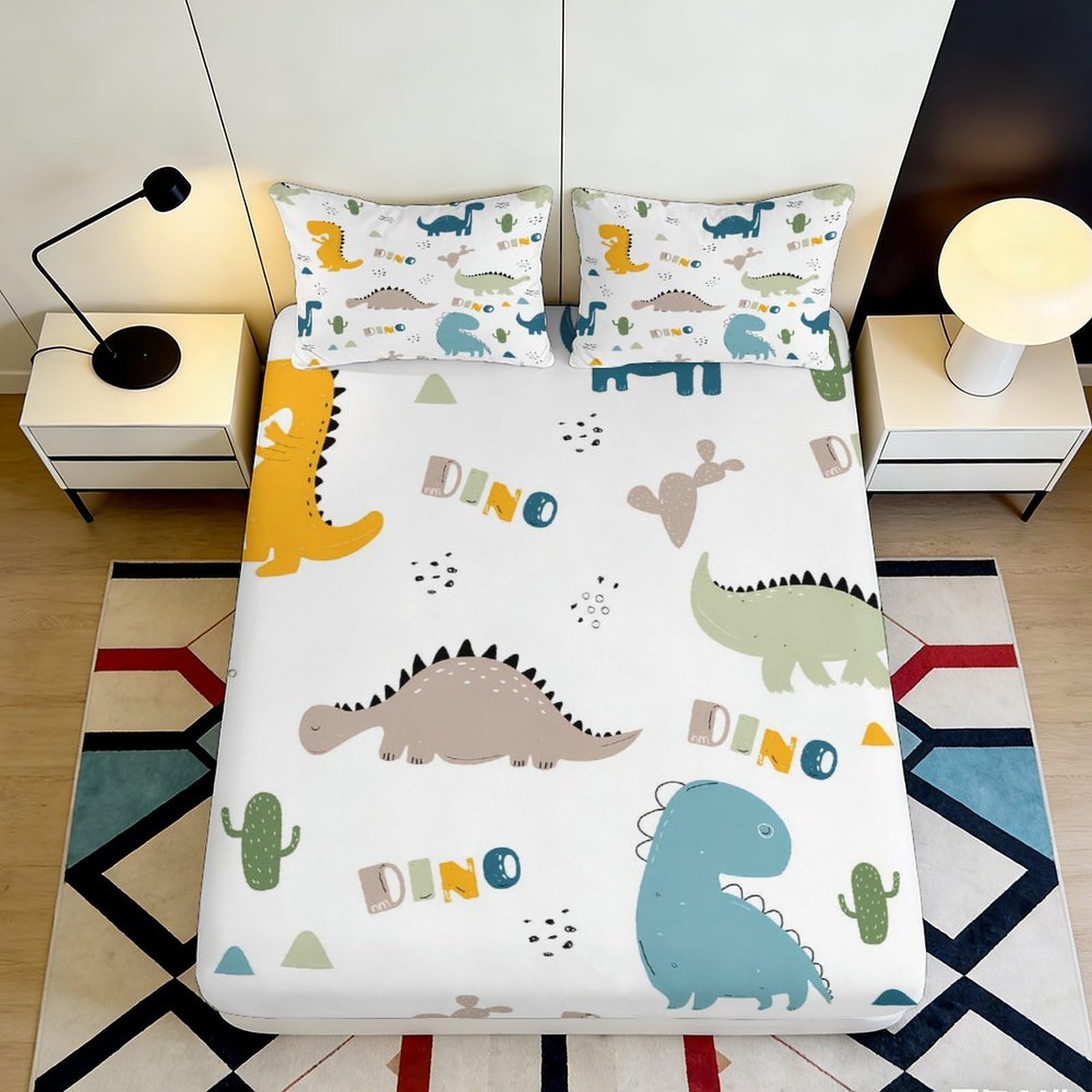 3D Printed Dinosaur Pattern Fitted Sheet Microfiber Soft Breathable Cartoon Dino Bed Cover for Bedroom Dormitory Guest Room Mattress Protection 200x200x25cm