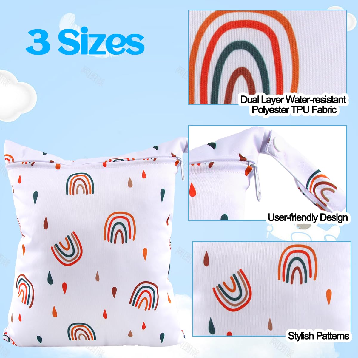 EKKONG Wetbag, 3 pezzi Borsa Pannolini Riutilizzabile, Sacchetto delPannolino Lavabile con Zip Impermeabile Organizzatore (unicorno)