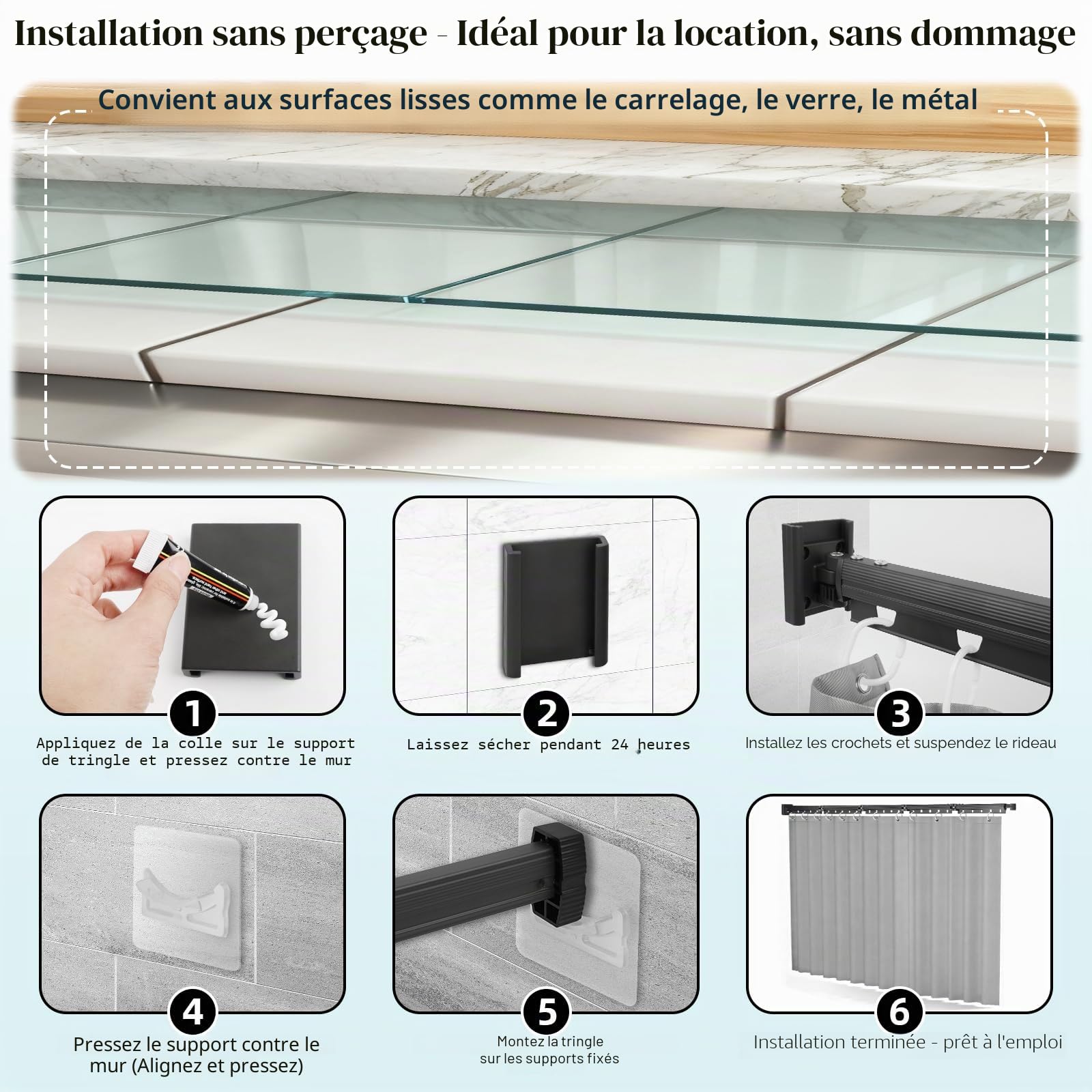 Pliable Tringle à Rideau Barre de Douche Angle Sans Percage, 1,8 m × 2 m Rideau de Douche Pliable Anti Moisissure Imperméable, Forme U/L/Droite, pour Salles de Bain, Vestiaires, Camping-cars