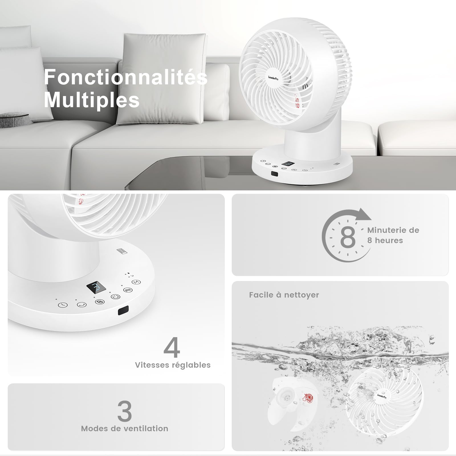 LeaderPro Ventilateur de Table avec Télécommande, 32 W, Ventilateur Silencieux avec 4 Vitesses, Minuterie 8 h, Oscillation à 70°, pour Bureau et Chambre à Coucher, Blanc, Débit d’Air 804 m³/h