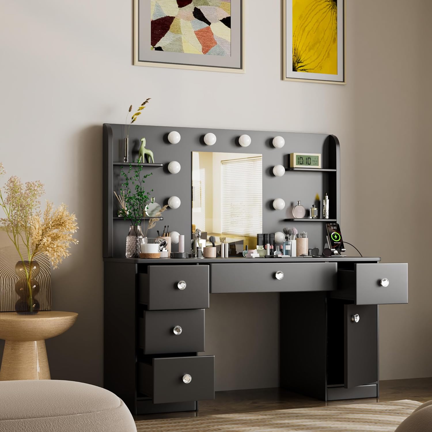 Vanity Desk, Makeup Vanity with Mirror and 3 Clolors Lights,Power Outlet Dressing Table with 5 Drawers and 6 Storage Shelves，for Bedroom Dressing Room (Black)