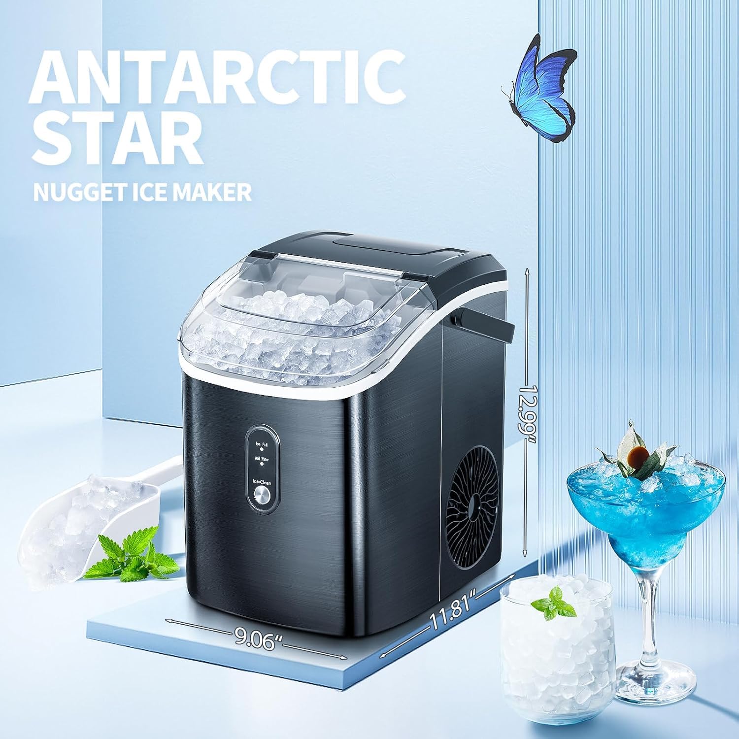 Nugget Countertop Ice Maker With Soft Chewable Pellet Ice, Pebble Portable Ice Machine, 34lbs/24h, Self-Cleaning, Sonic Ice Maker, One Button Operation, For Kitchen,Office Stainless Steel Silver on Fridge.com - View 5