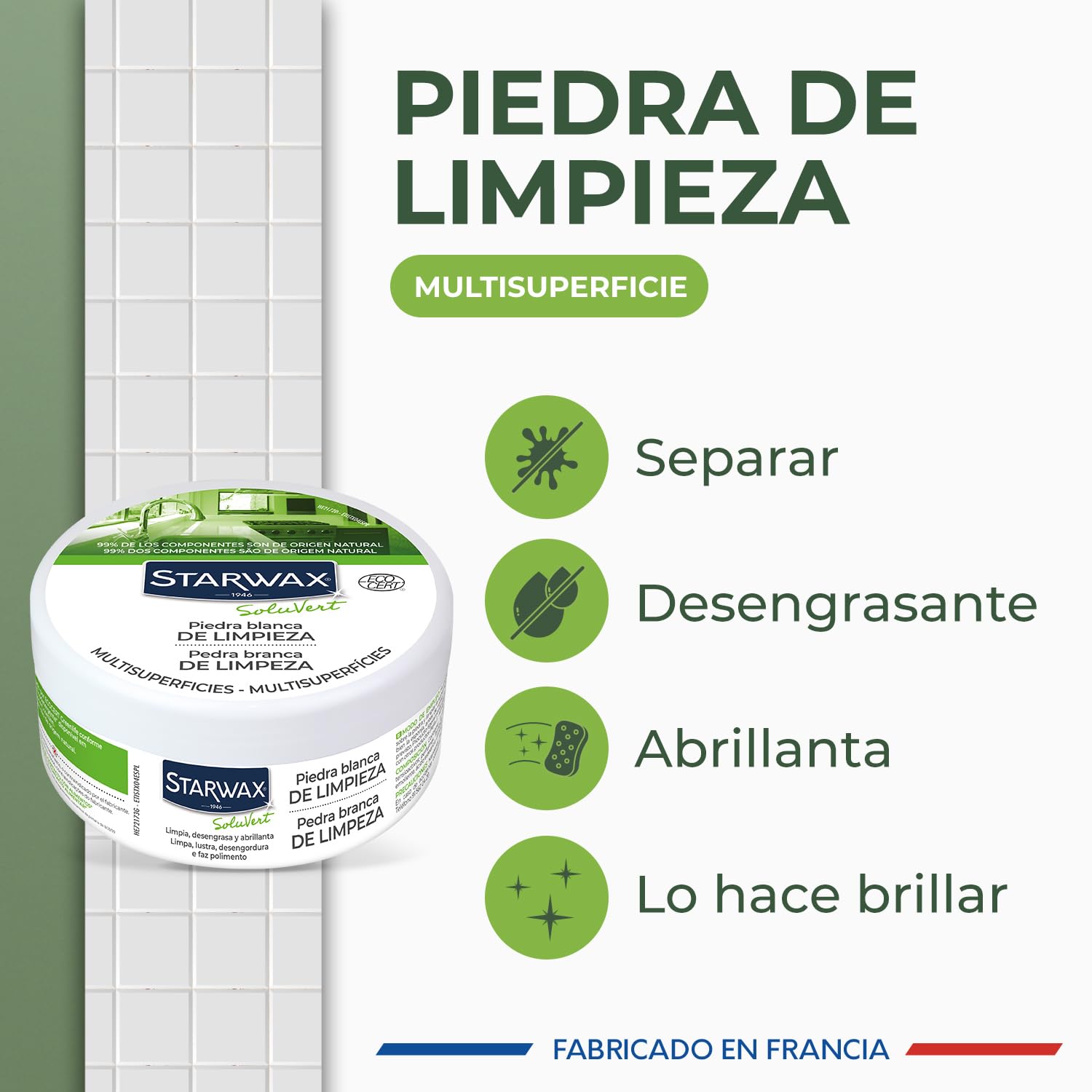 Starwax Piedra blanca de limpieza multiusos - 100 % de origen natural - Limpia, desengrasa y abrillanta