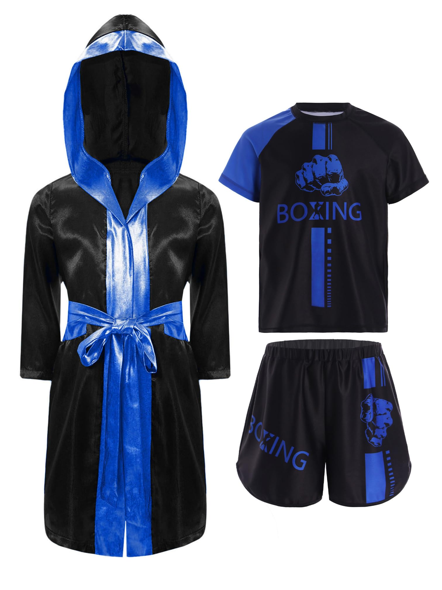 MSemis Kids Boys Boxing Uniform 3 Piece Satin Hooded Boxing Robe with Belt and Sports T-shirts Shorts Set Blue 5-6 Years
