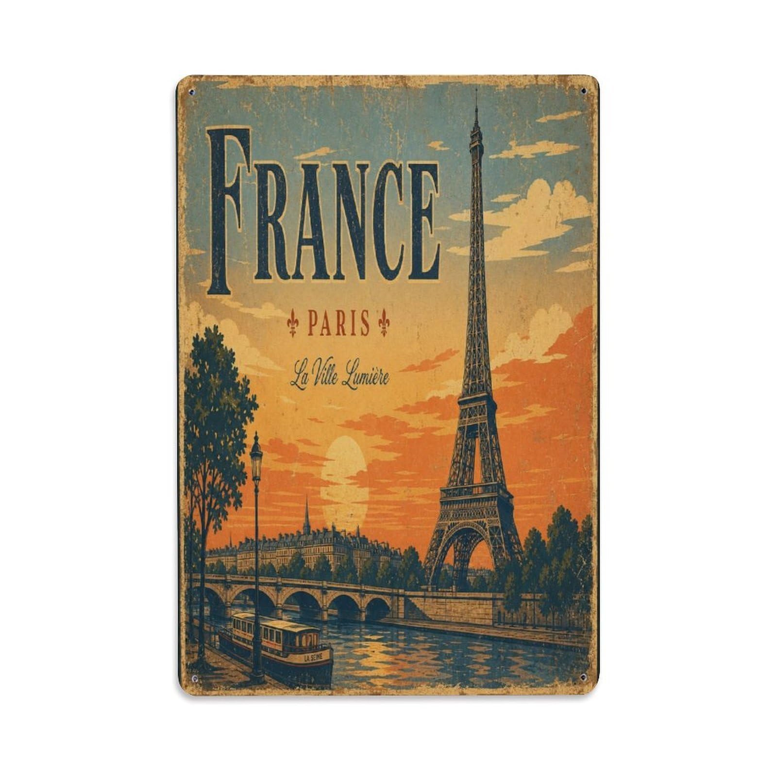 Paris Eiffel Tower France Classic City Of Light Metal Tin Sign Plaque Wall Decor for Cafe, Man Cave, Club Bar, Office, Home Garden Round Metal Poster 8x12Inch