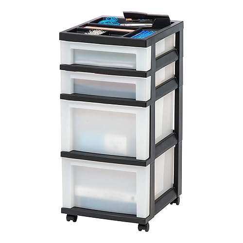 IRIS USA Plastic Drawer Storage Organizer Rolling Cart, with Wheels Casters, 4-Drawers, for Classroom Art Craft Supplies Dresser Closet Bathroom Laundry Room, Black/Pearl - Single - 4 Drawer