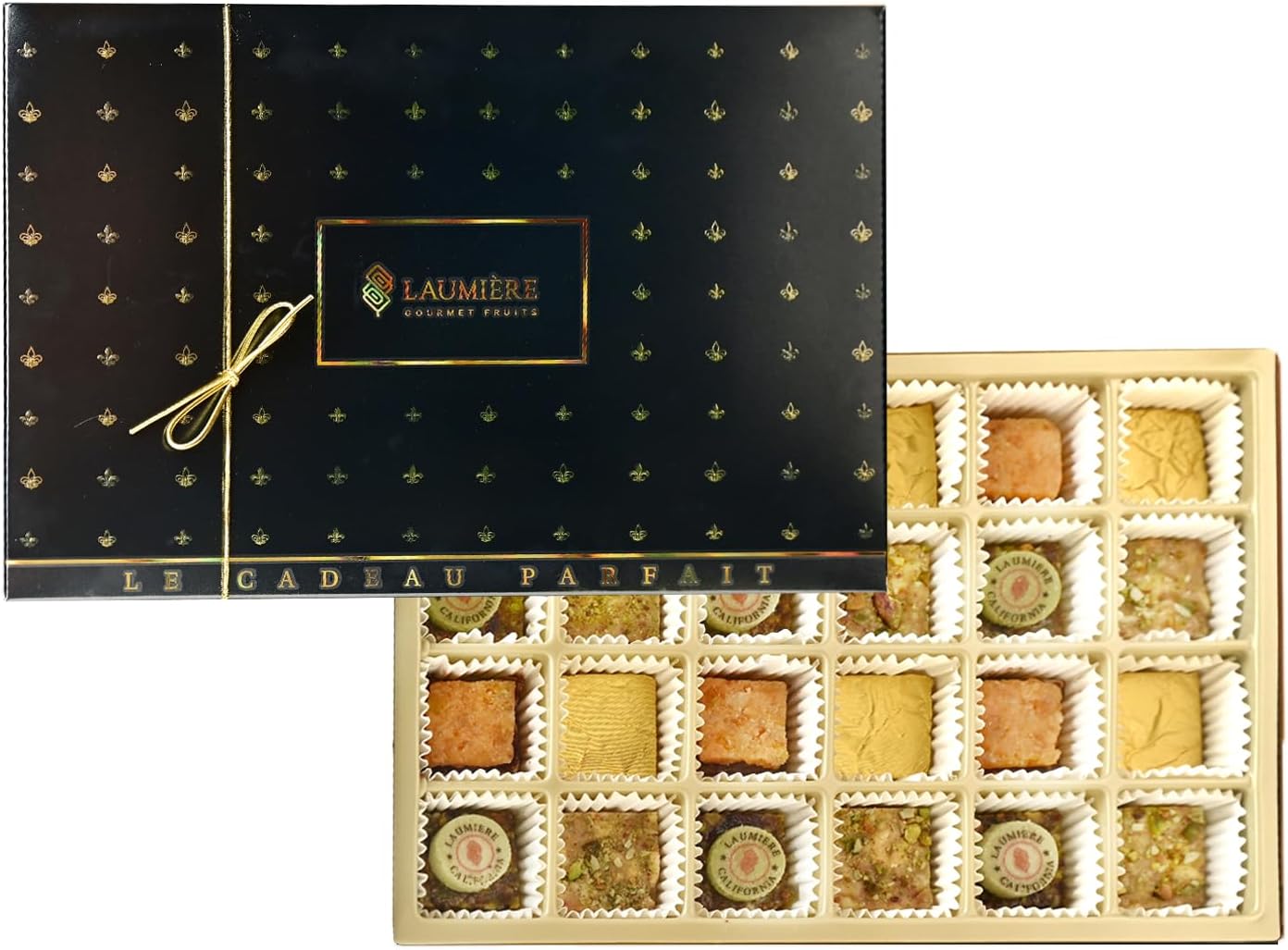 Laumière Gourmet Fruits - Le Cadeau Parfait Collection - Grande Gourmet Gift Box (24 Treats) - Hannoukah - Kosher- Vegan Healthy Dried Fruits & Nuts Gift Basket - No Added Cane Sugar - Sweets