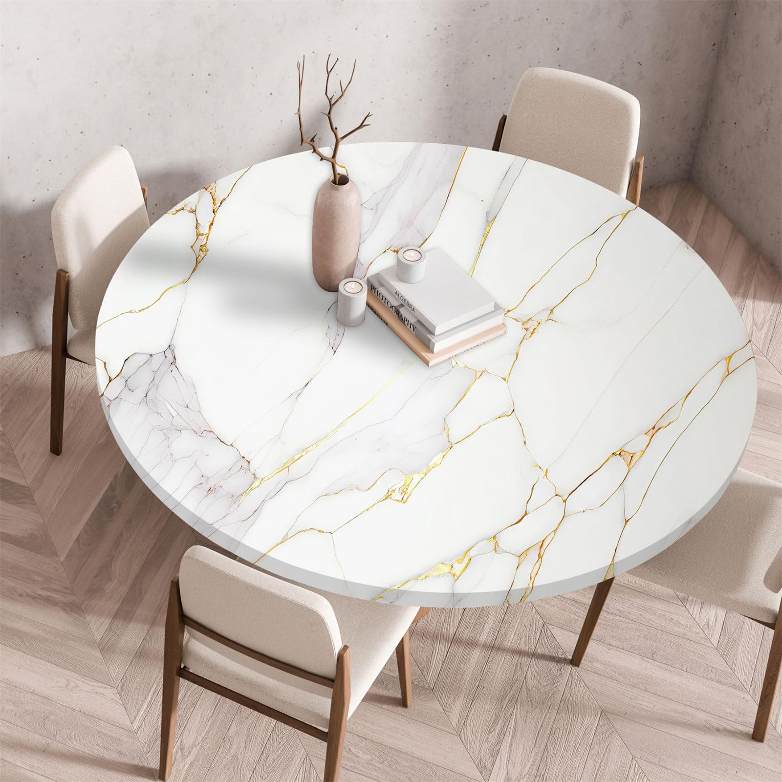 Treer Round Tablecloth Protector, Cream Marble Wipeable Round Table Cloth, Elastic Edged Fitted Backed Table Cover, Washable for Dinning Room Kitchen Picnic Party (100CM, White)