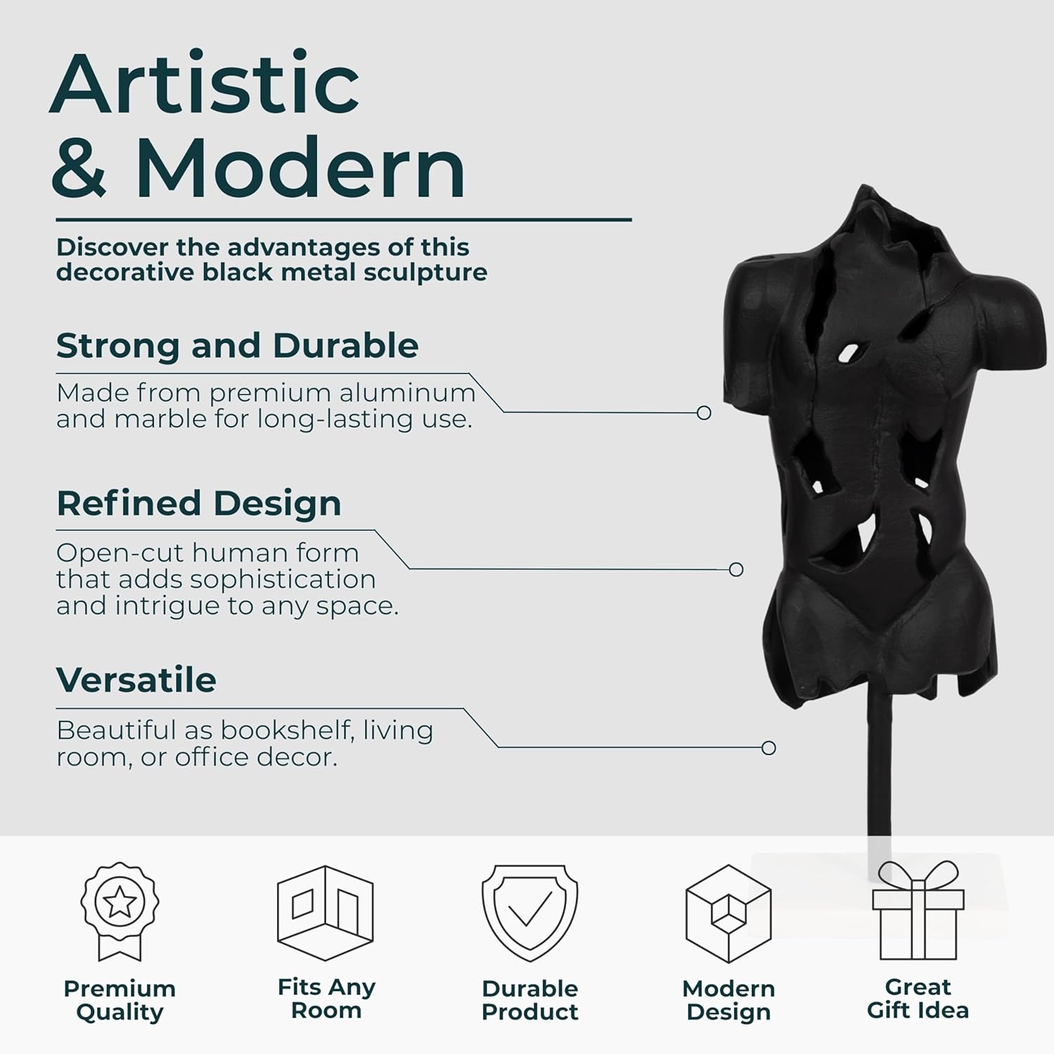 Sagebrook Home Modern Abstract Metal & Stone Sculpture - Aluminum Male Torso Statue on Marble Base - Elegant Home & Office Decor for Living Room, Bedroom, or Desk - 17" Black