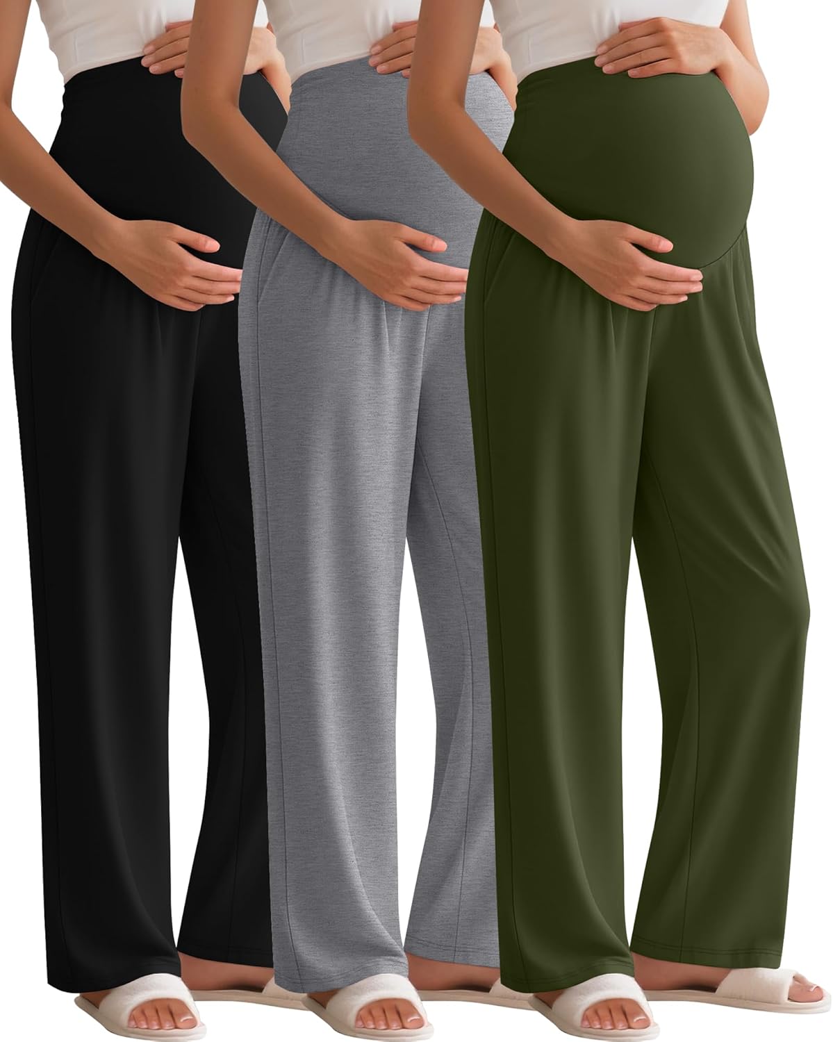 3 Pack Women's Maternity Pants Over The Belly Pregnancy Pants Stretchy Loose Wide Leg Lounge Pajama with Pockets