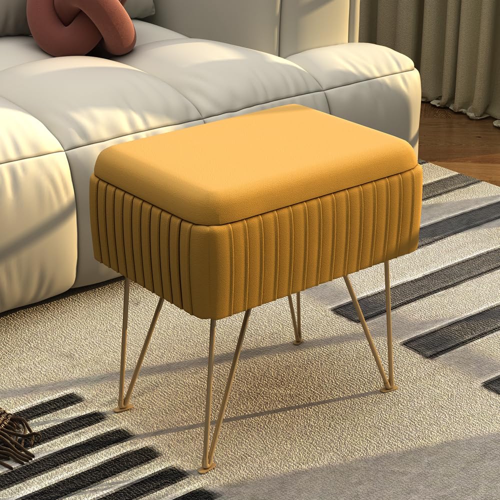 YYW HOME Vanity Stool with Storage - Vanity Bench Steat for Makeup Small Bench Seat with Storage Small Ottoman with Storage for Vanity Foot Stool with Storage Bathroom Bench Seat (Mustard Yellow)