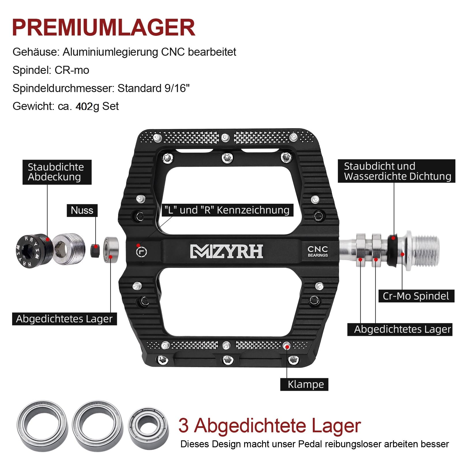 MZYRH Pedali per mountain bike, ultra forte Colorato CNC Lega di Alluminio Lavorato a macchina 9/16 Guarnizione ruota 3 cuscinetti reiffest Impermeabile Antipolvere