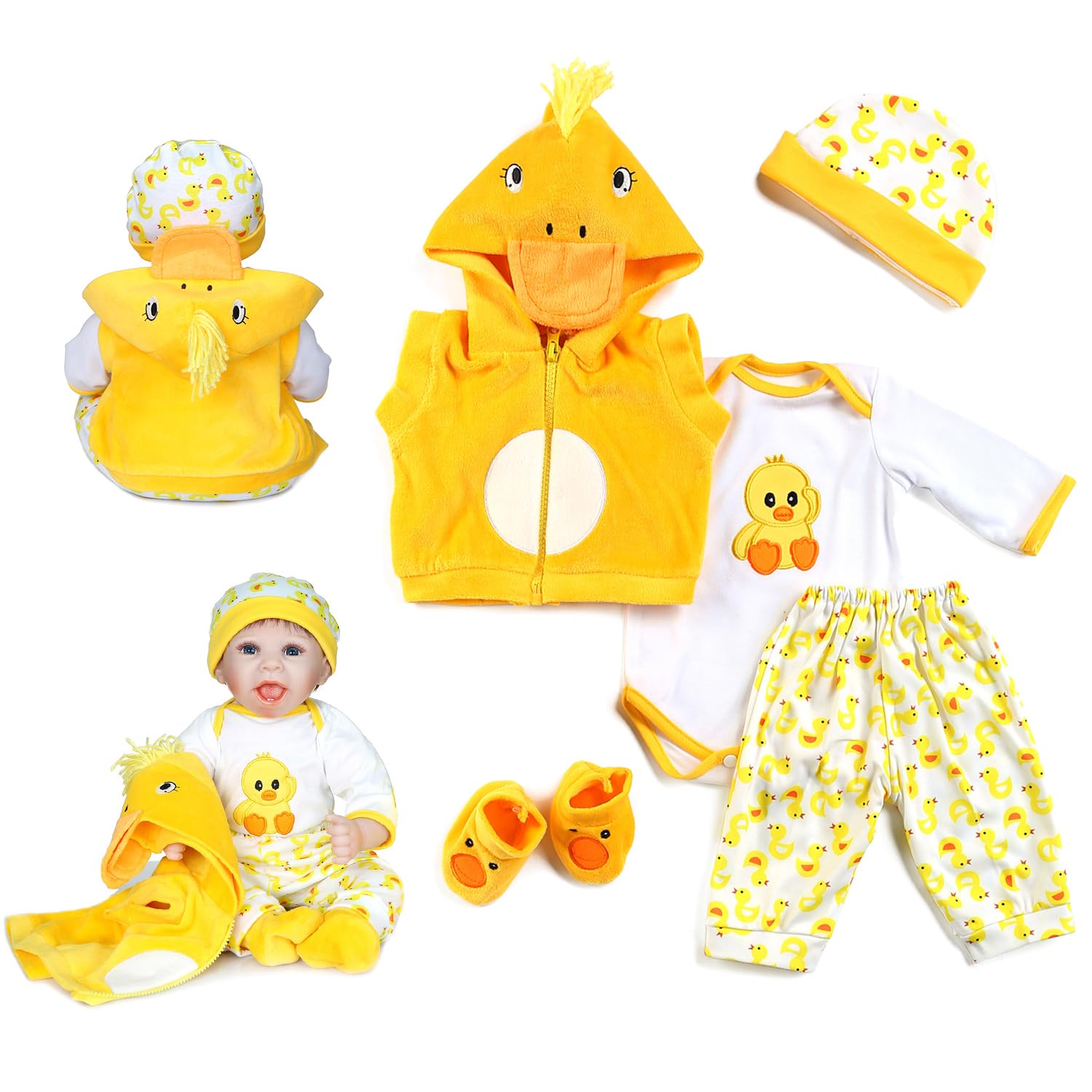 Reborn Babypuppen-Kleidung, 45,7 cm, Outfit-Zubehör, gelbe Ente, 5-teiliges Set für 43,2-48,3 cm Reborn-Puppe, Neugeborene, Mädchen und Jungen