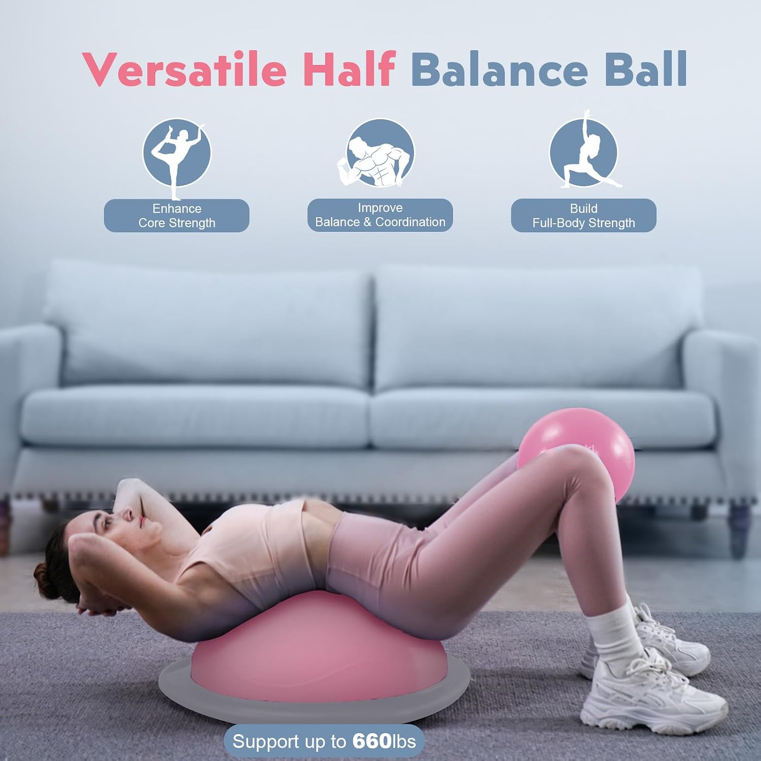 kisnbld Half Balance Ball Trainer, Inflatable 19/23 Inch Half Exercise Ball with Resistance Bands and Pilates Ball, Non-Slip 660lbs Capacity Yoga Ball for Home Gym Full Body Workouts