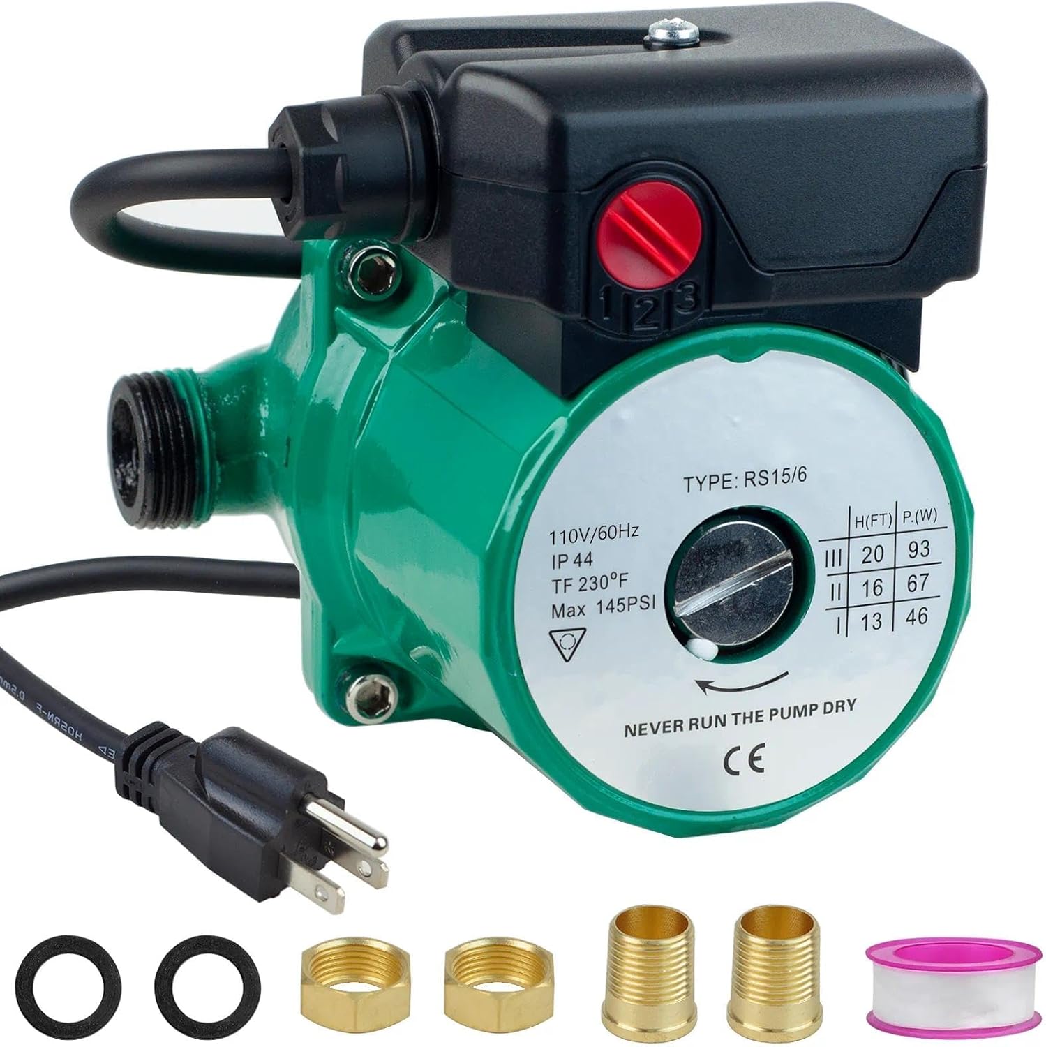 Hot Water Recirculating Pump, 110V 93W Circulation Pump NPT 3/4" w/NPT 1/2" Adapter, 3 Speed Control Hot Water Pump for House Heating System