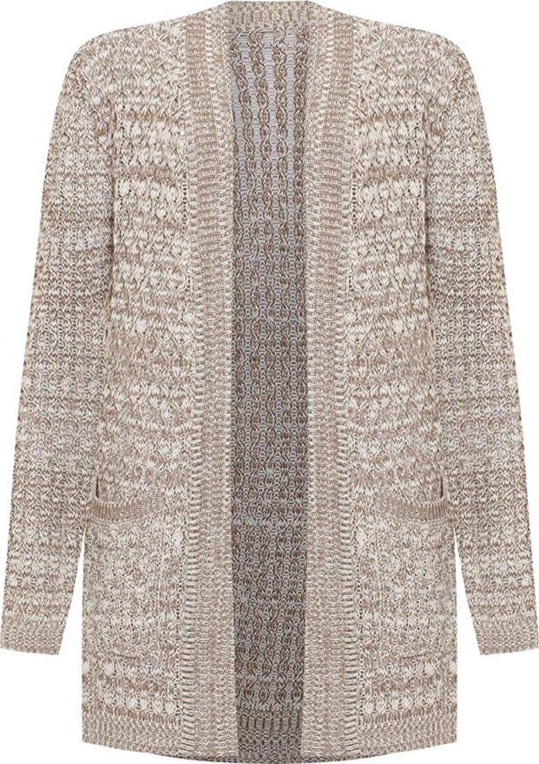 Top Fashion18 Ladies Plus Cable Knitted Open Pocket Cardigan Chunky Long Sleeve Granddad Mocha