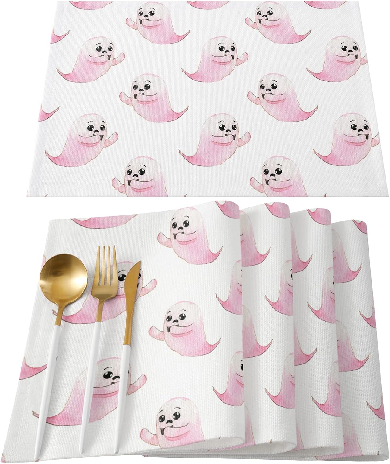 TweetyBed Halloween Placemats Cartoon Cute Ghost Tablemats for Dinner Table Pink Watercolor Table Mats for Halloween Cotton Linen Washable Set of 6