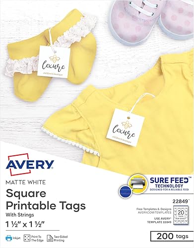 Avery Etiquetas de regalo cuadradas en blanco imprimibles con alimentación segura, 1.5 x 1.5 pulgadas, blanco, 200 etiquetas personalizables con