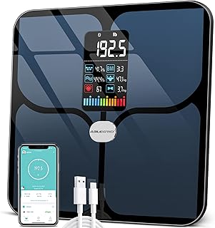 Body Fat Scale, ABLEGRID Digital Smart Bathroom Scale for Body Weight, Large LCD Display Screen, 16 Body Composition Metrics BMI, Water Weigh, Heart Rate, Baby Mode, 400lb, Rechargeable