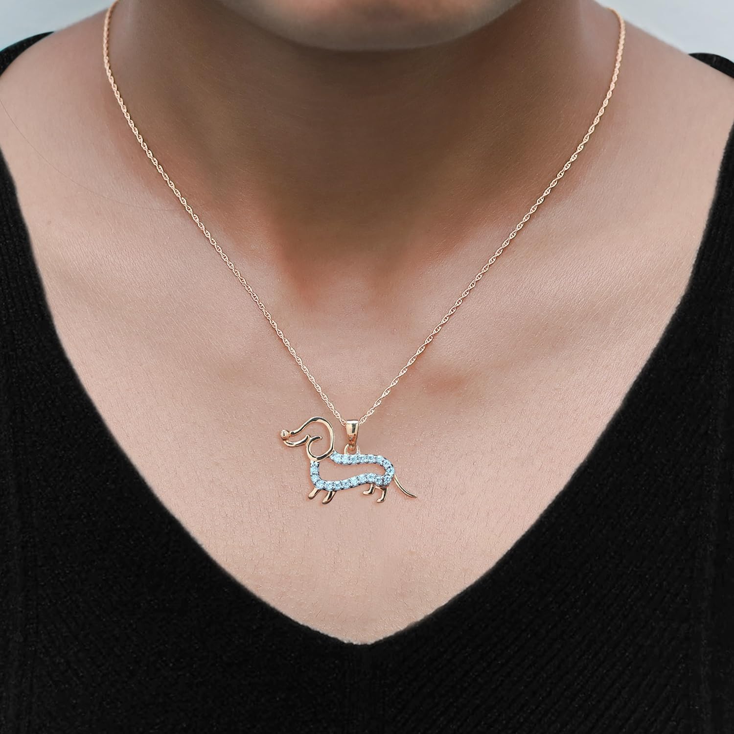 Dachshund Dog Heart Pendant Necklace For Women Round Cut White Cubic Zirconia In 14K Gold Plated Sterling Silver Jewlery Along With 18" Rope Chain