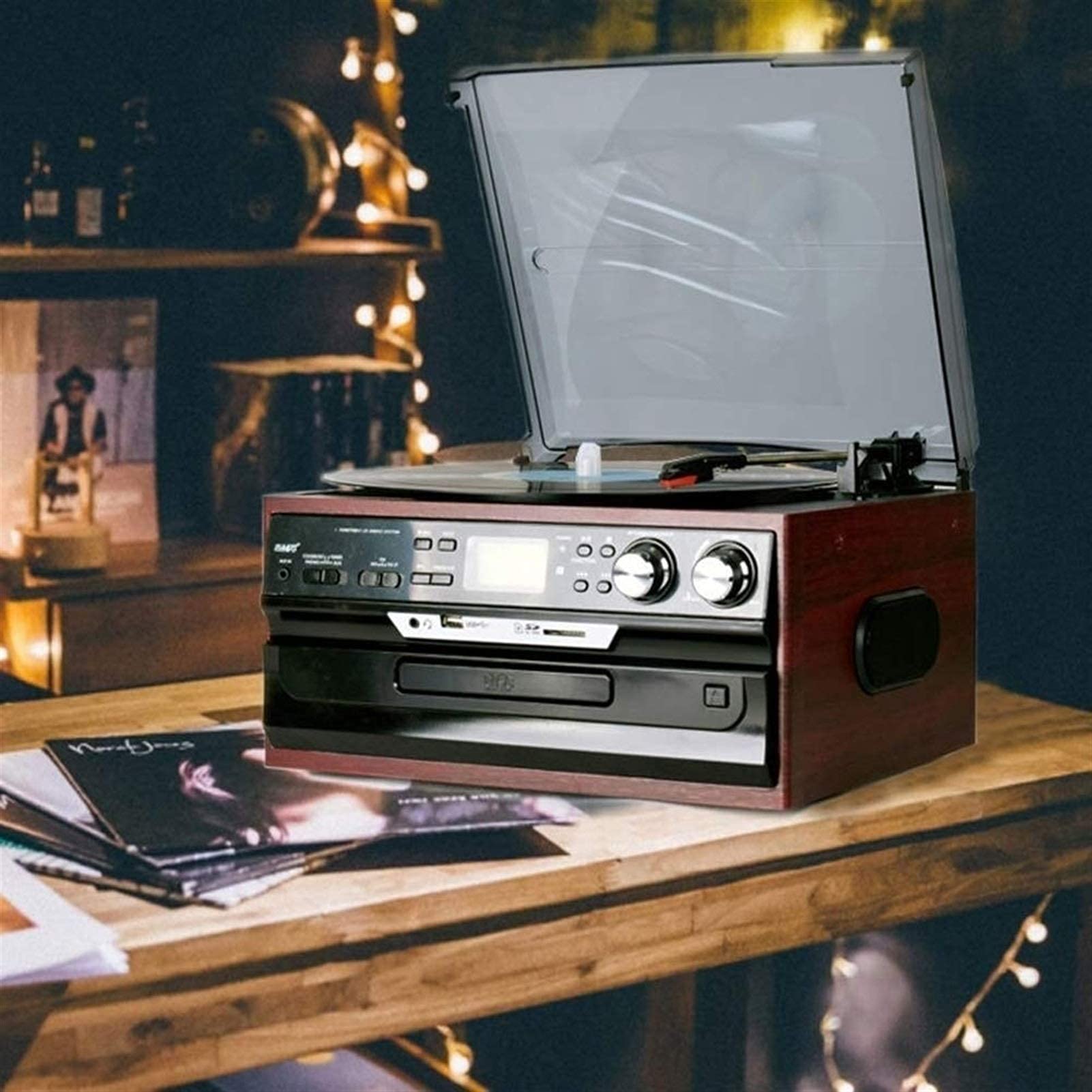 Bluetooth Record Player Lecteur Turnet, Cassette, Radio, Carte de Musique Audio de Carte Amplificateur pour Cadeau et café de la Restauration de la Restauration Cafe kxtmm
