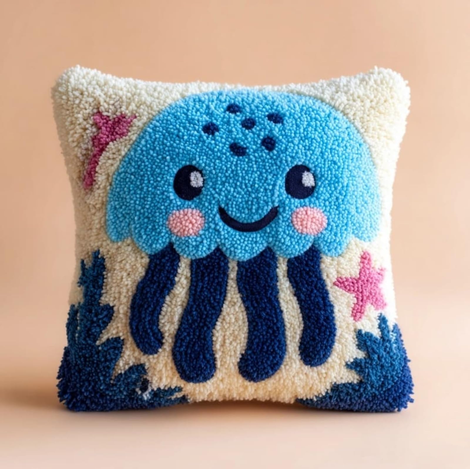 AxiangziK Latch Hook Cushion Kit 43x43cm,Cartoon Jellyfish Complete Needlecraft Set with Pre-Cut Yarn & Tools,Creative Home Decor Gift for All Ages